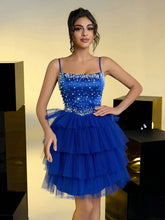 Elegant Luxury Sapphire Blue Satin Contrast Mesh Tulle Beaded Ruffle Maxi Dress, Suitable For Weddings, Single Party, Vacation, Banquets